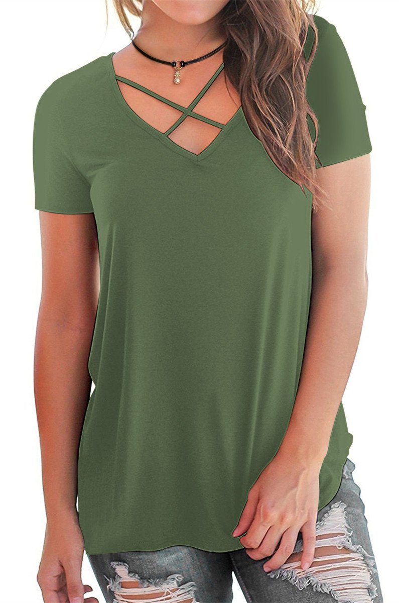 Eanklosco Womens Summer Short Sleeve Cold Shoulder Tops V Neck Basic T Shirts (Green-Cross, S)