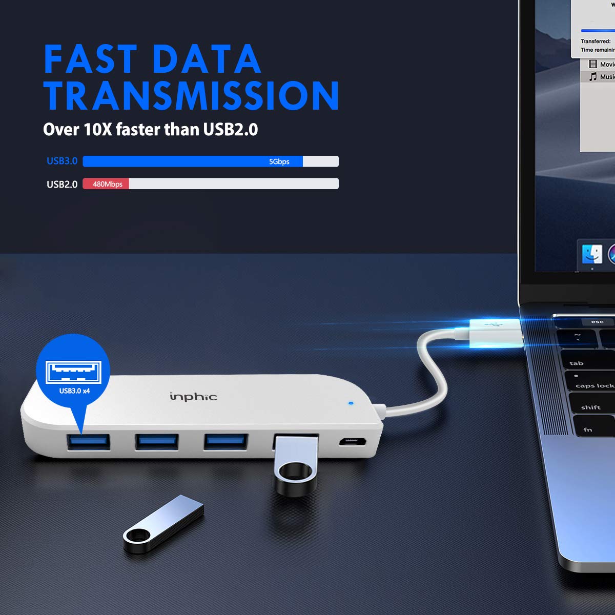 Inphic High-Speed Portable 4 Ports USB Hub 3.0 Aluminum with Micro-USB Powered Port