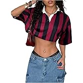 SOLY HUX Women's Striped Crop Tops Collared Neck Half Sleeve Tee Loose Summer T Shirt