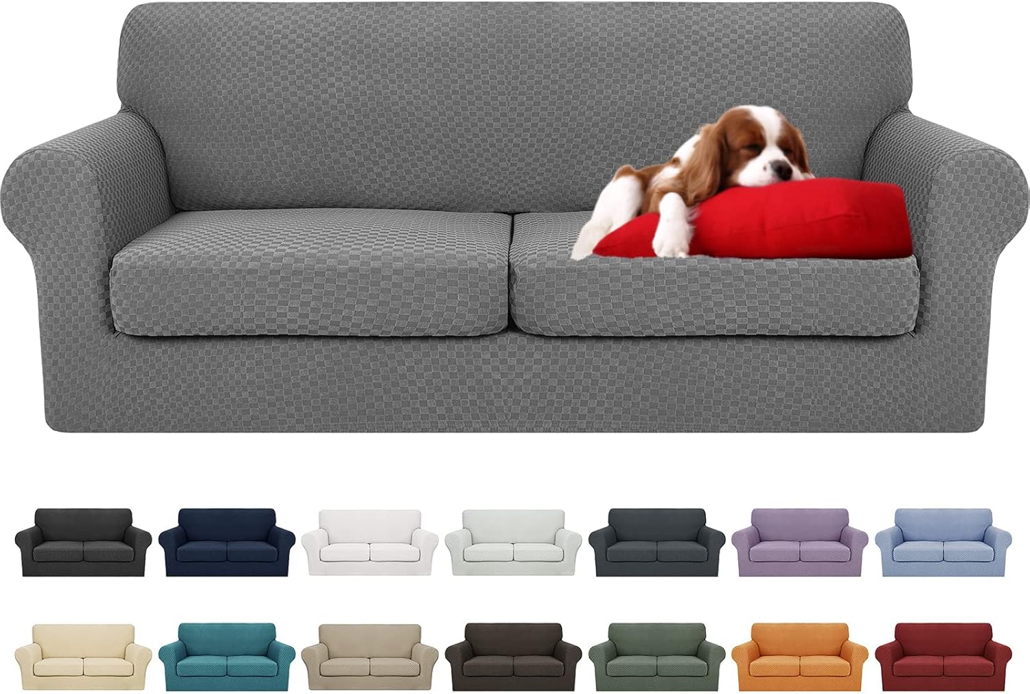 Slipcovers - YEMYHOM Latest Checkered 3 Pieces Couch Covers for 2 Cushion High Stretch Sofa with 2 Extra Large Seat Cushion Anti Slip Elastic Slipcovers (Light Gray), 71