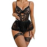 Donnalla Sexy Lingerie for Women Lace Bodysuit Teddy Babydoll One Piece Lingerie with Skirt and Fishnet Fishnet Stockings