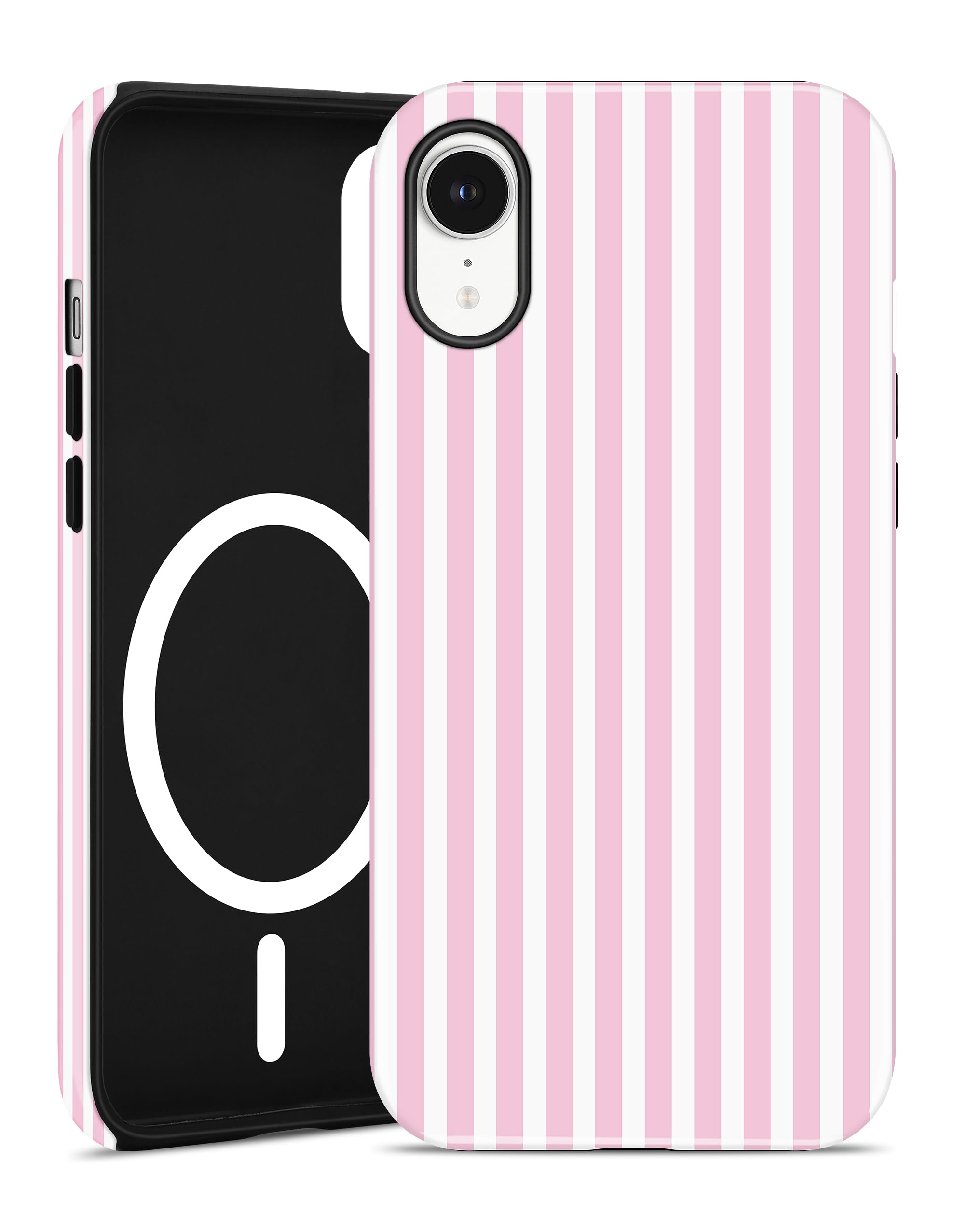 Photo 1 of Jusy Compatible with MagSafe Striped Phone Case for iPhone XR, Cute Aesthetic Magnetic Soft TPU and Hard PC Protective Phone Cover for Women Girls (Matte) - Pink