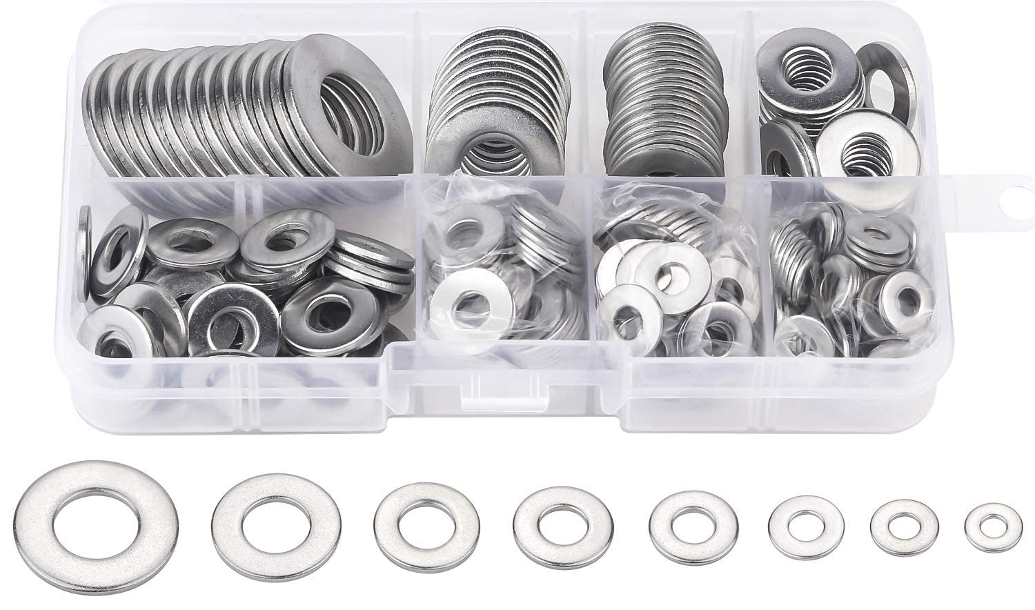 Flat Washers - 360 Pieces Stainless Steel Flat Washers Washers Washers Round Flat and Locking Washers Assortment Set, 8 Size: M2 M2.5 M3 M4 M5 M6 M8 M10 with Storage Box