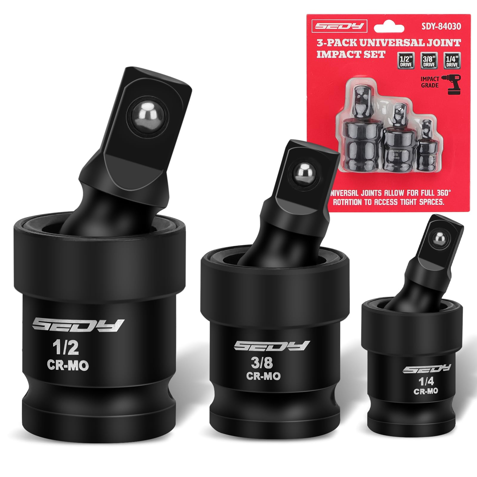 Photo 1 of Impact Universal Joint-Socket Swivel Set: 3-Piece 1/2", 3/8", 1/4" Flexible Socket Swivel Set Premium CR-MO Steel U Joint Adapter Wobble