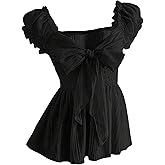 SHENHE Women's Summer Puff Sleeve Peplum Blouse Smocked Tie Bow Coquette Chiffon Shirt Top