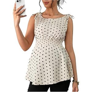 SweatyRocks Maternity Polka Dots Tops Bow Tie Shoulder Peplum Babydoll Tops | Boat Neck Shirred Going Out Tank Tops, Maternit