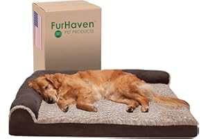 Furhaven Orthopedic Dog Bed for Large Dogs w/ Removable Bolsters & Washable Cover, For Dogs Up to 95 lbs - Two-Tone Plush Faux Fur & Suede L Shaped Chaise - Espresso, Jumbo/XL