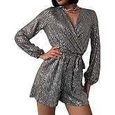 IDOPIP Women V Neck Sparkly Sequin Romper Club Party Long Sleeve Shorts Jumpsuit Glitters Ruffle One Piece Shinny Outfit
