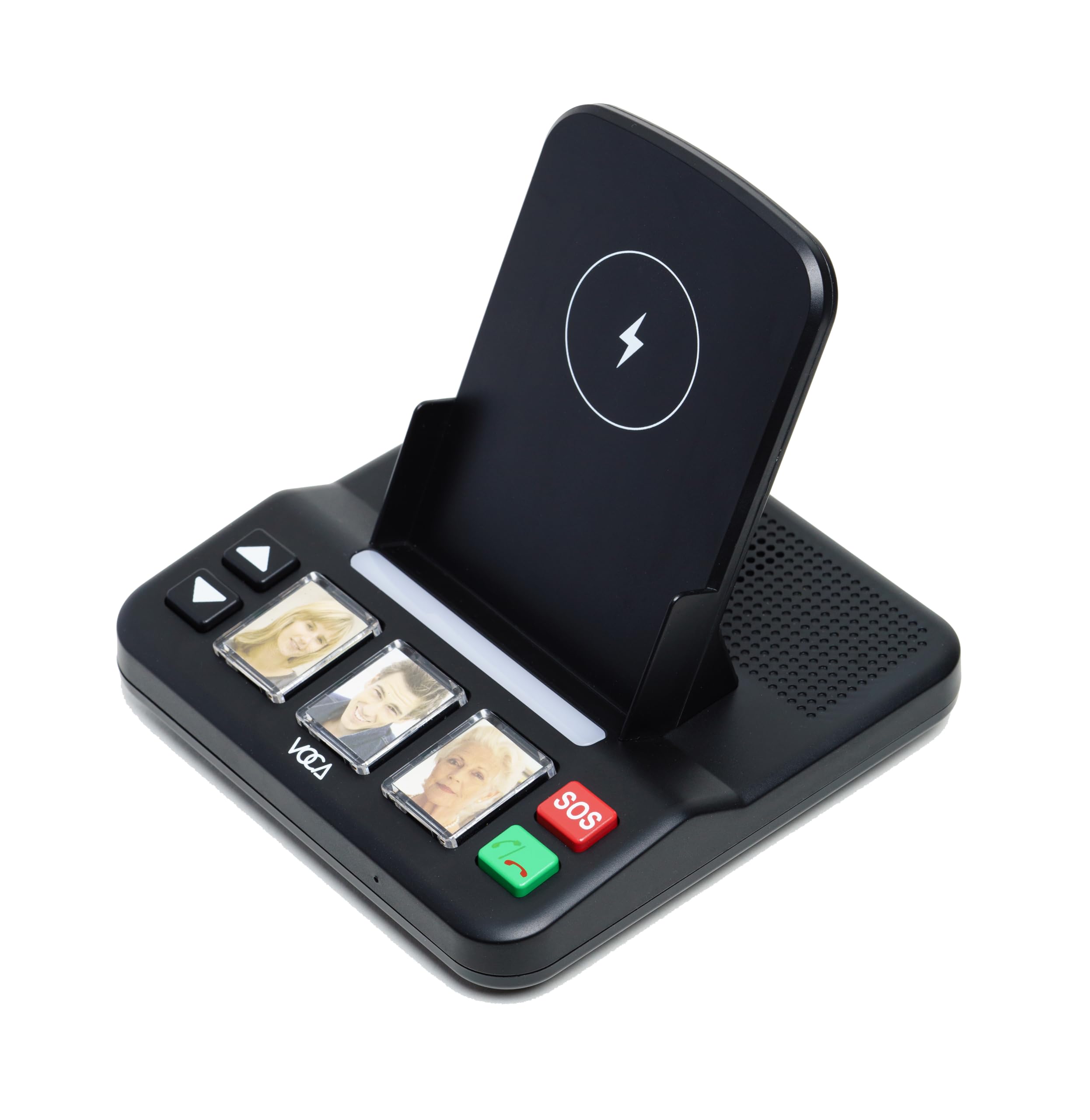 VOCA EC100 Cell phone stand with Wireless Speaker, 3 Speed-Dial Photo Buttons, Emergency Call, SOS Button, Speed Dial, Hands-Free, Easy Setup & Operation, Phone holder, Wireless charging station
