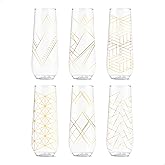 TOSSWARE POP 9oz Flute Linear Gold Series, SET OF 6, Premium Quality, Recyclable, Unbreakable & Crystal Clear Plastic Printed Champagne Glasses