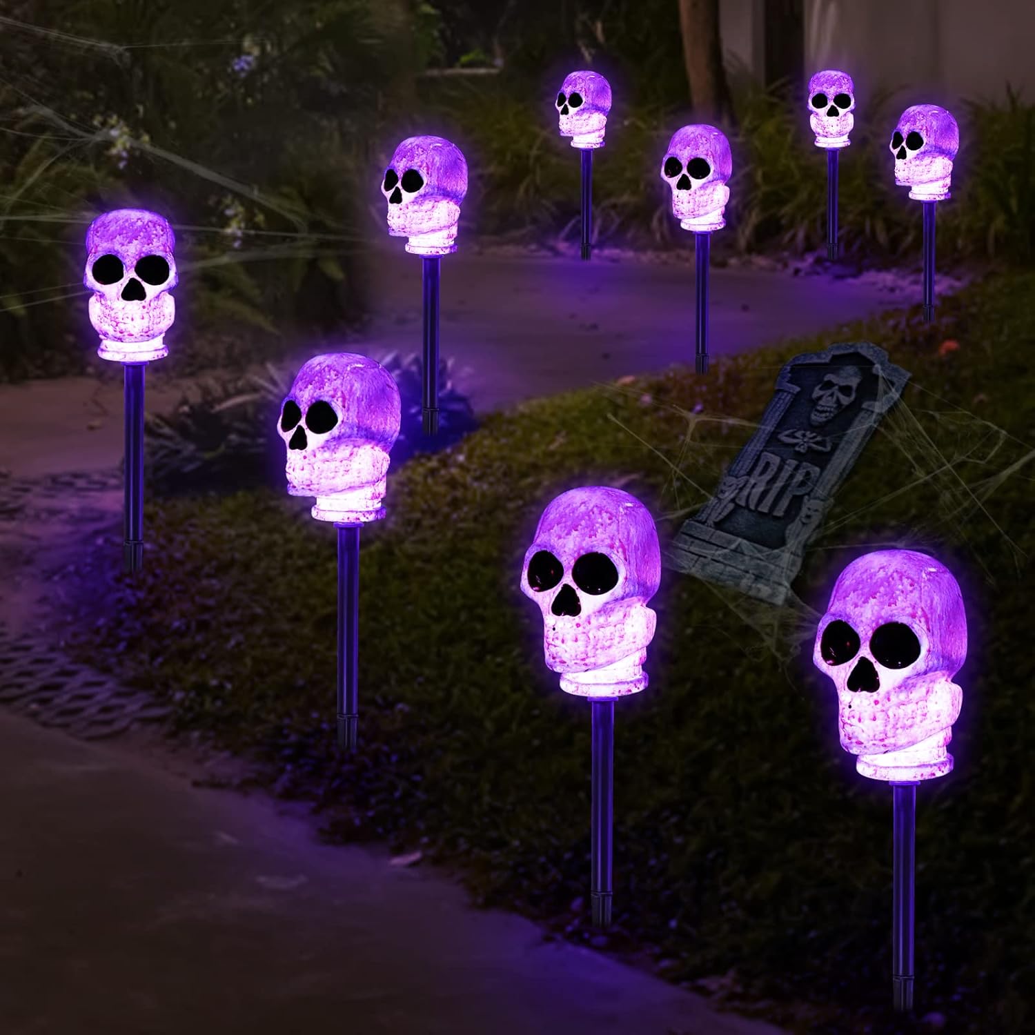 Decorative Garden Stakes - TURNMEON 4 Pack Halloween Skull Pathway Lights, Purple Stake Lights Halloween Outdoor Decorations, Waterproof & Battery Operated 3D LED Skeleton Halloween Decor for Yard Porch Lawn Pathway Garden