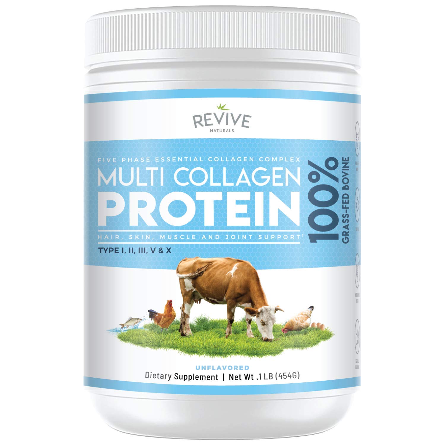 Collagen Hydrolyzed Protein Powder 16oz Types I II III V & X Grass Fed