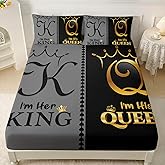 AILONEN His Her Fitted Sheet Set Queen Size, Grey and Black K and Q Crown Printed Couple Bedding Set Gifts,3 Piece Soft Microfiber Fitted Sheet with 2 Pillowcases