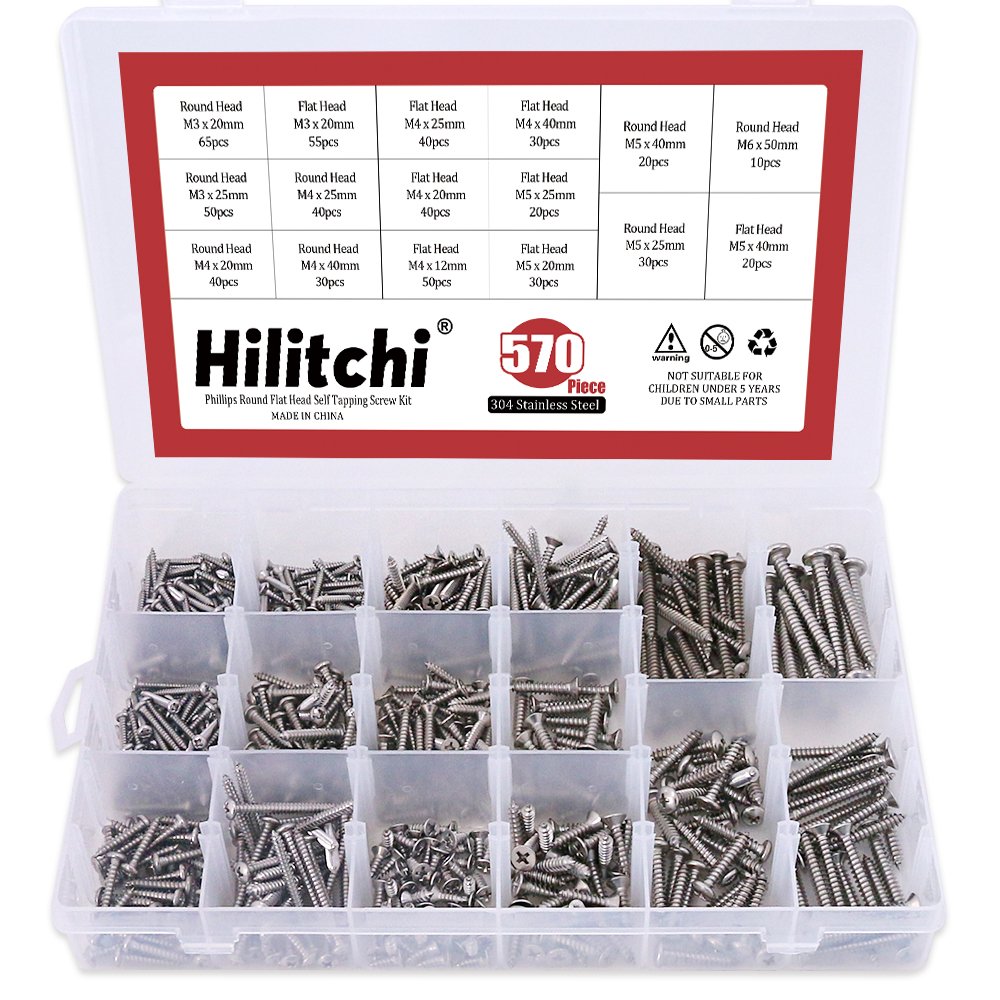Hilitchi 570 Piece M 3 4 5 6 Stainless Steel Phillips Round Flat Head Self Tapping Screw Assortment Kit