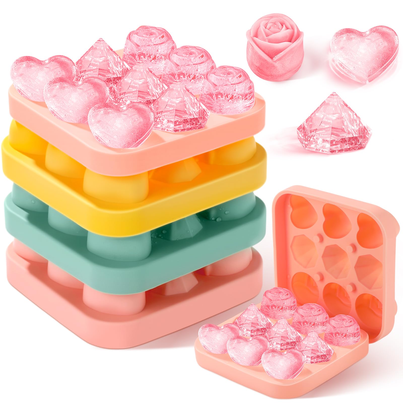 Photo 1 of Censen 4 Pcs Silicone Rose Heart Diamond Ice Cube Mold 3D Mold with Covers 9 Cavity Easy Release Cube Tray Easy Release Form for Whiskey Bourbon Cocktails Wine Coffee Juices and More