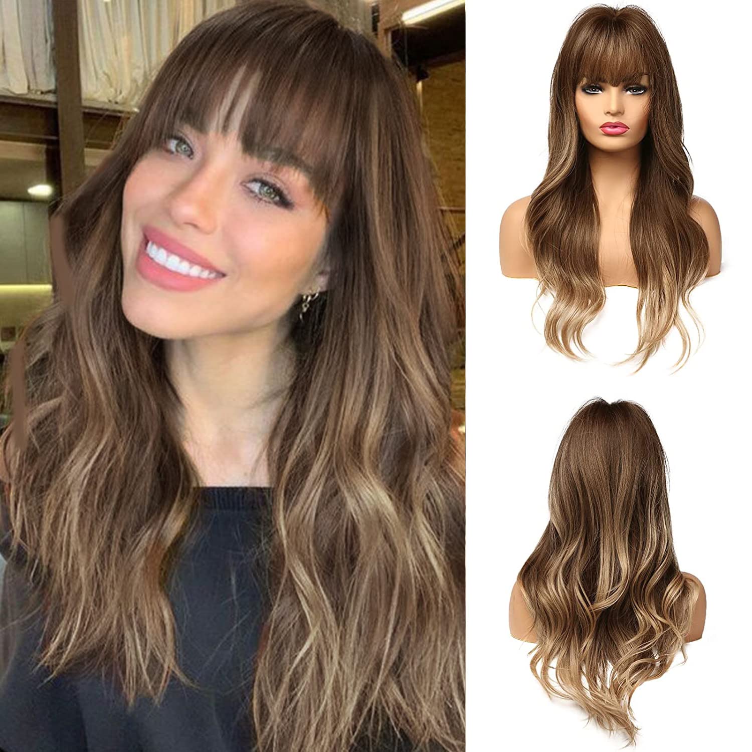 Esmee 24 Inch Long Golden Brown Ombre Wig with Bangs for Women Synthetic Wigs Natural Wave Heat Resistant Hair Wigs for Daily Party Cosplay Use
