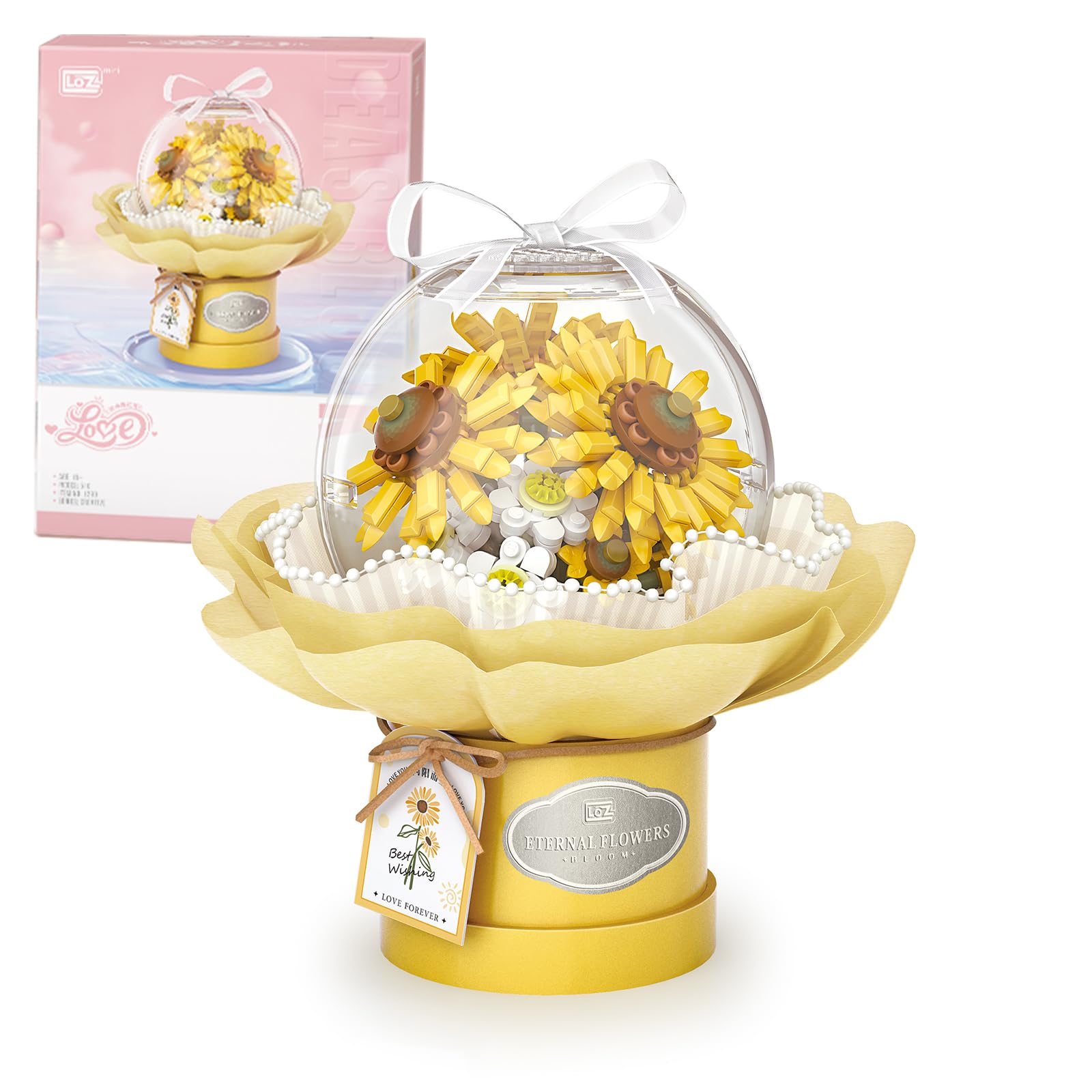 MEIEST Flower Bouquet Building Blocks Set,Simulation Artificial Flower with Dust-Proof Dome for Valentine's Day,Bonsai Plant Building Bricks Toys & Home Decor (Sunflower)