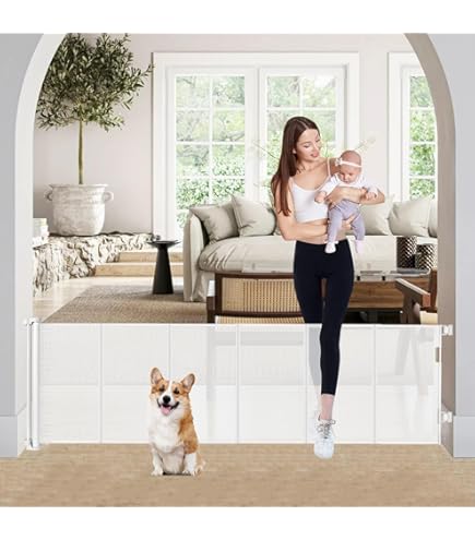 Puerta Retráctil Para Perros De 28 Pulgadas De Alto, Puertas Retráctiles Reforzadas De 80 Pulgadas De Ancho Con Varillas De Apoyo, Puerta Corta Para Mascotas, Puerta Corta Para Perros Pequeños