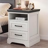 DUMOS Farmhouse Nightstand with Charging Station &amp; USB Ports | Wood Bedside Table with 2 Spacious Storage Drawers and Open Shelf, Minimalist Modern End Table for Bedroom, White