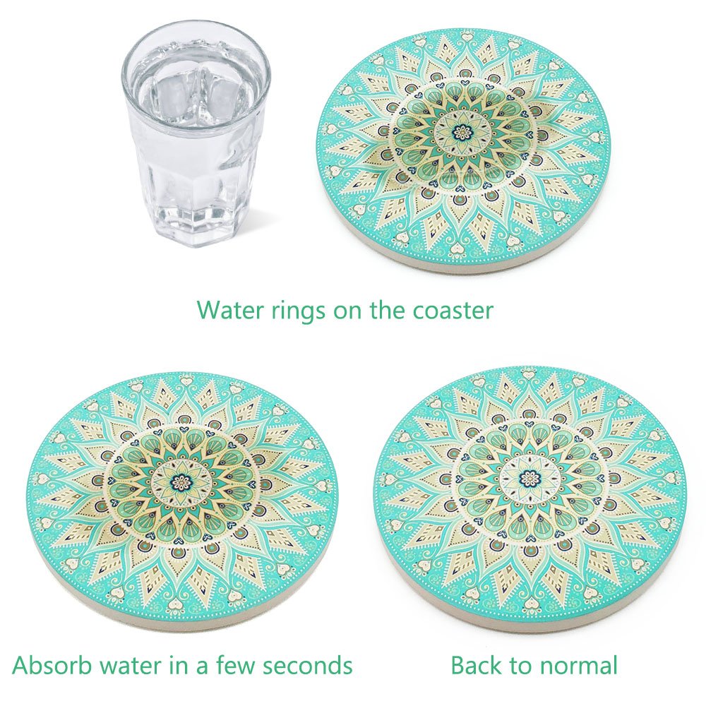 Kidac Absorbent Ceramic Coasters for Drinks with Protective Cork Base - Mandala Style (4 Pieces)