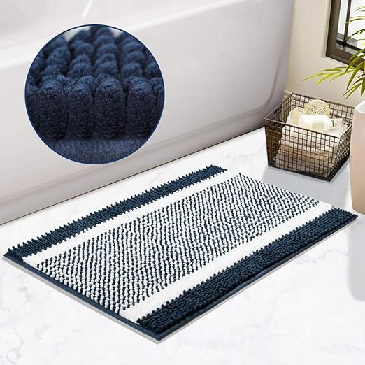 Amazon Com Jchous Bathroom Rugs Non Slip Washable Chenille Bath Mats For Bathroom Navy Blue And White Bath Rug Absorbent Striped Pattern Soft Floor Mat 31 9 X 20 9 Kitchen Dining