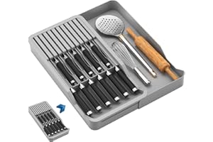 FOREVERIE 2 Tier Kitchen Knife Drawer Organiser, Holds 11 Knives With Expandable Cutlery Storage Tray, Grey