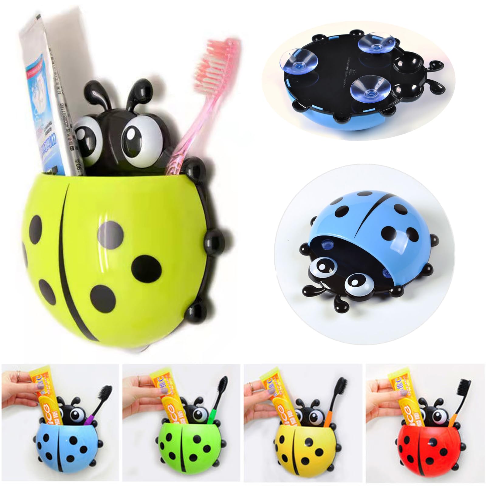 Ranvi Toothbrush Holder, 4Pcs Cute Ladybug Design, Suction Cup Toothpaste Holder for Kids & Adults, Multi-Toothbrush Holder, Bathroom Storage and Organization
