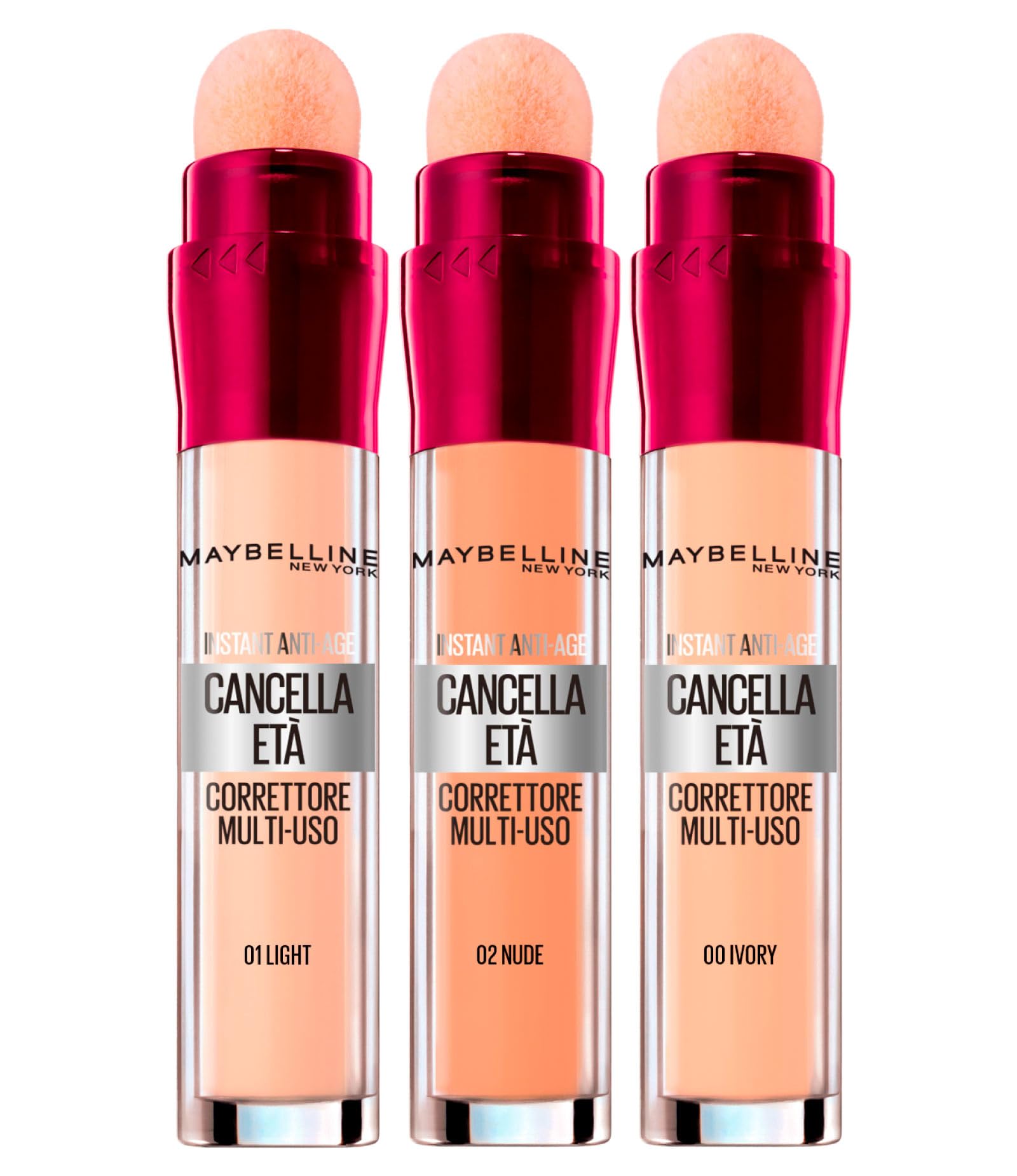 3x Maybelline New York Age-Erasing Liquid Concealer Colors 00 Ivory, 02 Nude and 01 Light with Goji Berries and Haloxyl