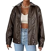 Faux Leather Jacket Women Brown Pleather Bomber Jacket Oversized Leather Blazer Motorcycle Jacket Biker Jacket Winter Coat Brown M