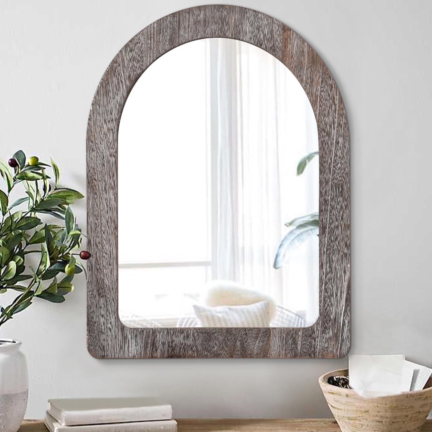 AAZZKANG Rustic Wood Framed Vintage Arch Hanging Mirror - 50x40cm, Perfect for Bathroom or Bedroom Decor