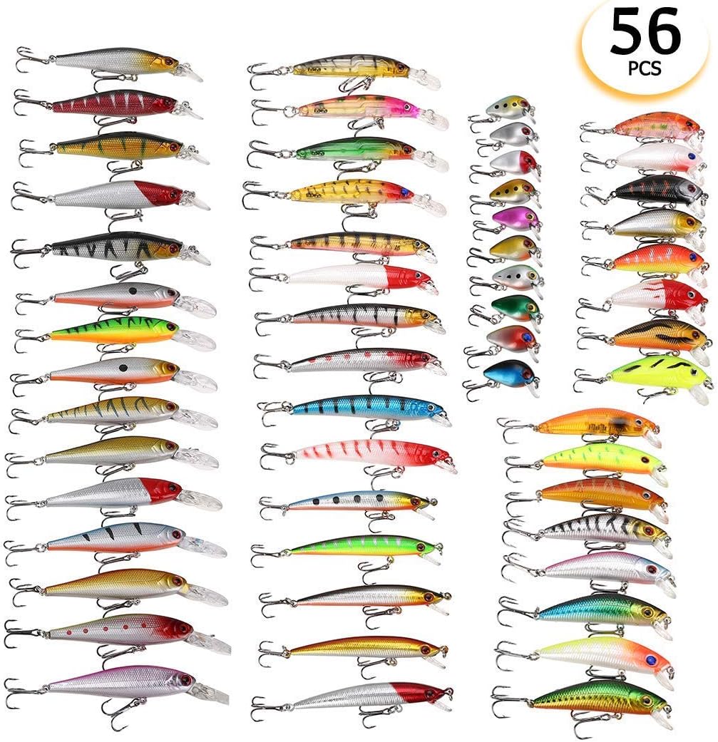 WUYASTA 56Pcs Bass Fishing Lures Kit Mixed Hard Trout Baits Set Saltwater Fishing Spoons Hooks Tackle Fish Accessories