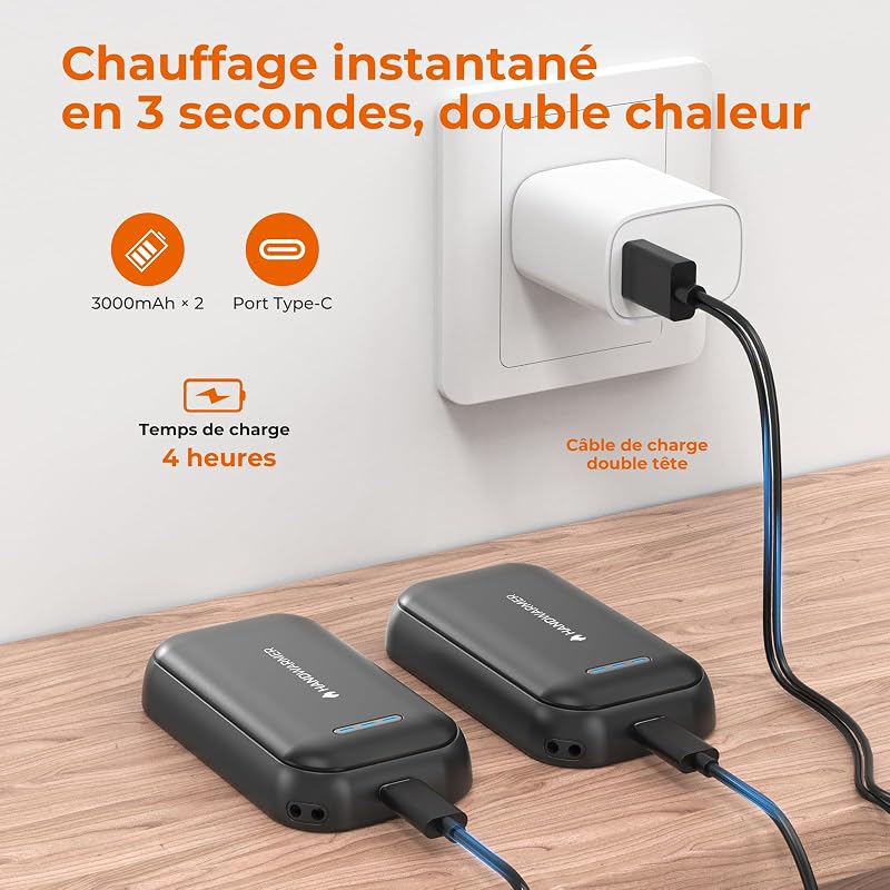 Chauffe Main Rechargeable 2 en 1 Magnetique, Batterie de 6000 mAh, 3 Niveaux de Chaleur, Chauffe-Mains avec câbles USB, pour Les activités en Extérieur et Le Froid, Cadeaux pour Femmes, Noir