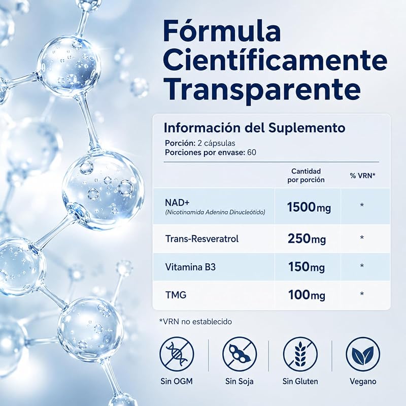 Suplemento de NAD+, 1500 mg de NAD e 250 mg de Trans-Resveratrol por porção, NAD Resveratrol para Suporte à Energia Celular, Vitalidade Diária e Envelhecimento Saudável, 120 Cápsulas Vegan