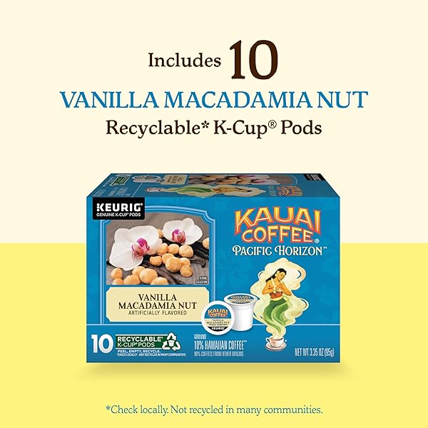 KAUAI COFFEE K-CUP PODS FOR KEURIG BREWERS – ARABICA COFFEE, 10% HAWAIIAN – MEDIUM ROAST, VANILLA BEANS WITH TOASTED MACABAMIA NUTS – VANILLA MACADAMIA NUT, 1 PACK OF 10 SINGLE SERVE K-CUPS