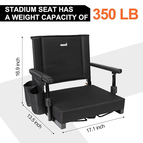 RWUSX PADDED STADIUM SEATS WITH BACK SUPPORT AND CUSHION, PORTABLE FOLDABLE BLEACHER CHAIR, FOLDING STADIUM SEATS FOR FOOTBALL CAMPING CONCERTS AND FESTIVALS BLACK
