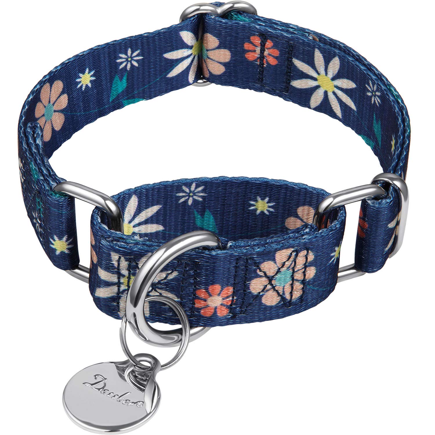 Dazzber Martingale Collars for Dogs – Soft Adjustable Dog Collar, Durable D-ring Heavy Duty, Choke Collar for Large Medium Small Dogs (large, Dark Blue and Elegant Flower)