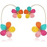 RUOFFETA Raffia Flower Earrings for Women, Colorful Dangle Tropical Boho Beach Earrings, Lightweight Straw Handmade Jewelry for Vacation