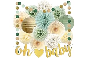 FETETIJD Sage Green Baby Shower Decorations Oh Baby Banner Tissue Paper Pom Poms Flowers Paper Fans Circle Dot Garland Neutral Party Supplies Boy Girl Gender Reveal Birthday Party Decorations