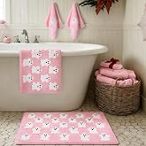 Breling 4 Pcs Pink Halloween Ghost Bathroom Rugs and Towels Set Bath Decor | Cute Spooky Bathroom Decoration, 2 Non‑slip Mat in 23.6x15.7in, 31.5x19.7in, 2 Cotton Hand Towel, Pastel Gothic Shower Gift