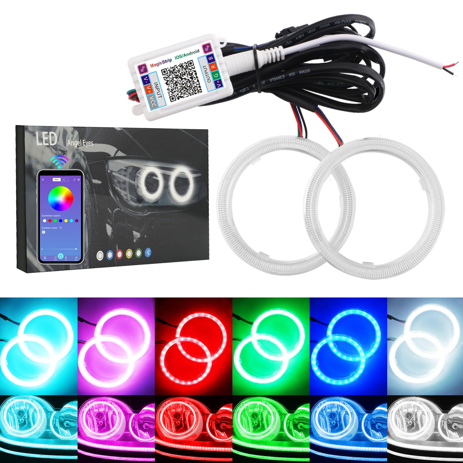 Photo 1 of QasimLED 1-pair 60MM 60SMD COB RGB LED Halo Ring Angel Eyes Universal For Motorcycle Car Driving Warning Light Fog Light DRL Decorative Light with Cover Bluetooth Mobile APP Control 12V DC