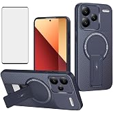 Asuwish Phone Case for Xiaomi Redmi Note 13 Pro Plus 5G Magnetic Carbon Fiber Cover with Tempered Glass Screen Protector and Kickstand Protective Soft Cell Accessories 13Pro+ 13Pro Pro+ Women Blue