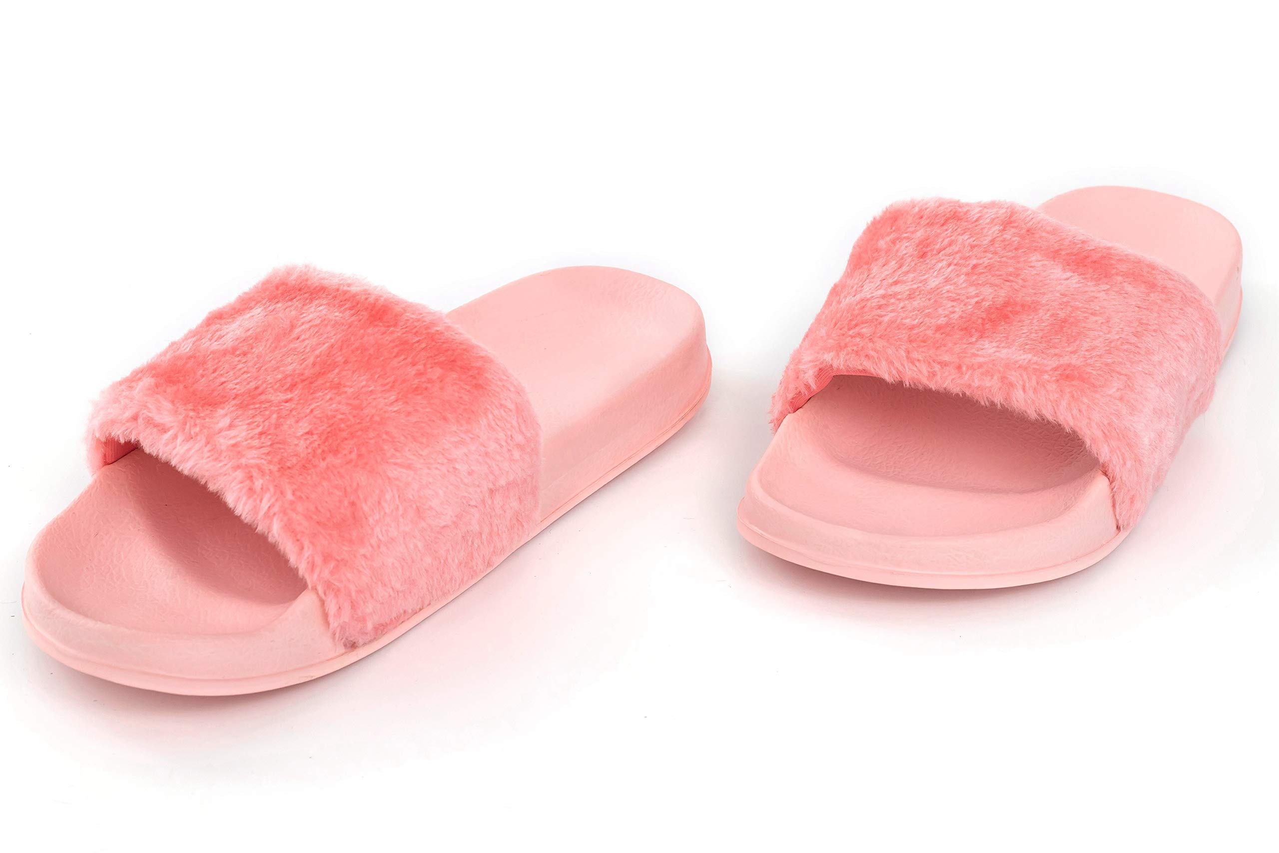 Women\'s Vegan Faux Fur Slippers Fuzzy Slides Fluffy Comfy Flat Sandals Open Toe Indoor Outdoor Pink
