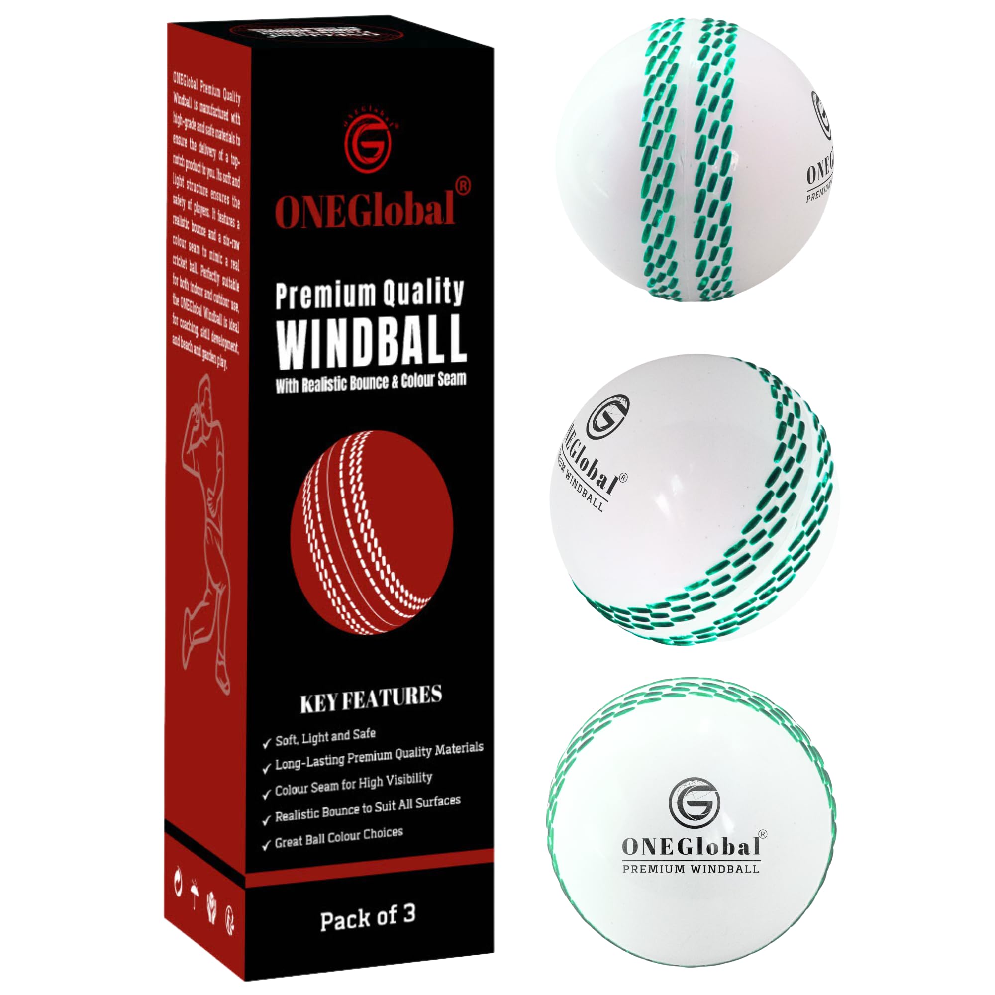 ONEGlobal Premium Windball Soft Cricket Ball | Durable & Safe, Colour Seam, True Bounce & Swing | Wind Ball for Outdoor & Indoor Practice, Coaching, Garden & Beach Games (3-White) — image 1