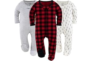 The Peanutshell Footed Baby Sleepers for Boys or Girls, Buffalo Plaid & Woodland, 3 Pack Set
