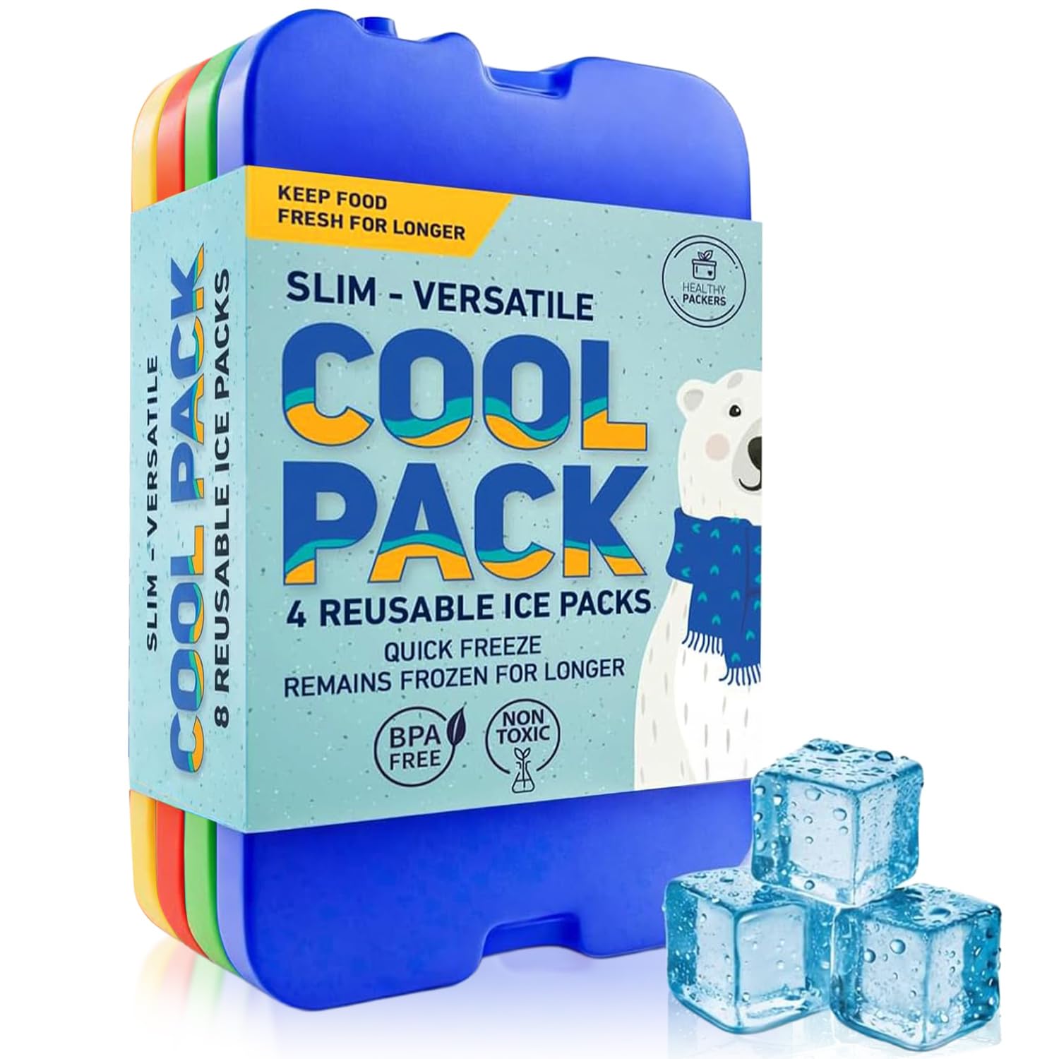 Healthy Packers Ice Packs for Lunch Box - Ice Blocks for Cool Bags and Cool Box - Ideal Freezer Blocks for Lunch Box - Original Long- Lasting Formula (4 Pack)