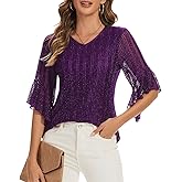 Women's 3/4 Sleeve Tops Sparkly Dressy V Neck Blouse Glitter Evening Party Shirts