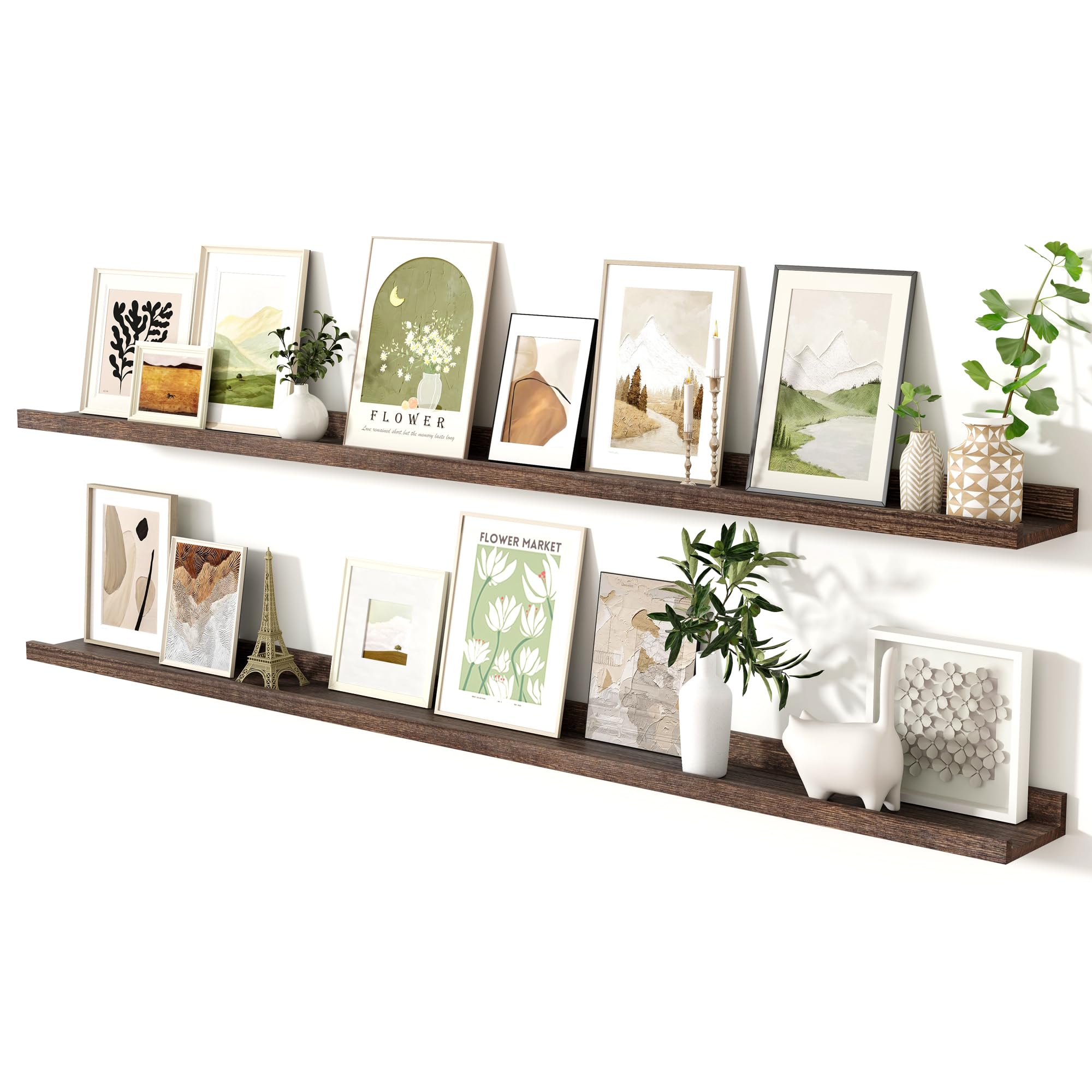 Photo 1 of Fun Memories Long Floating Shelves for Wall 72 Inch, Natural Wood Long Picture Shelves Photo Shelf with Ledge Set of 2, Rustic Floating Shelf with Lip for Home Storage
