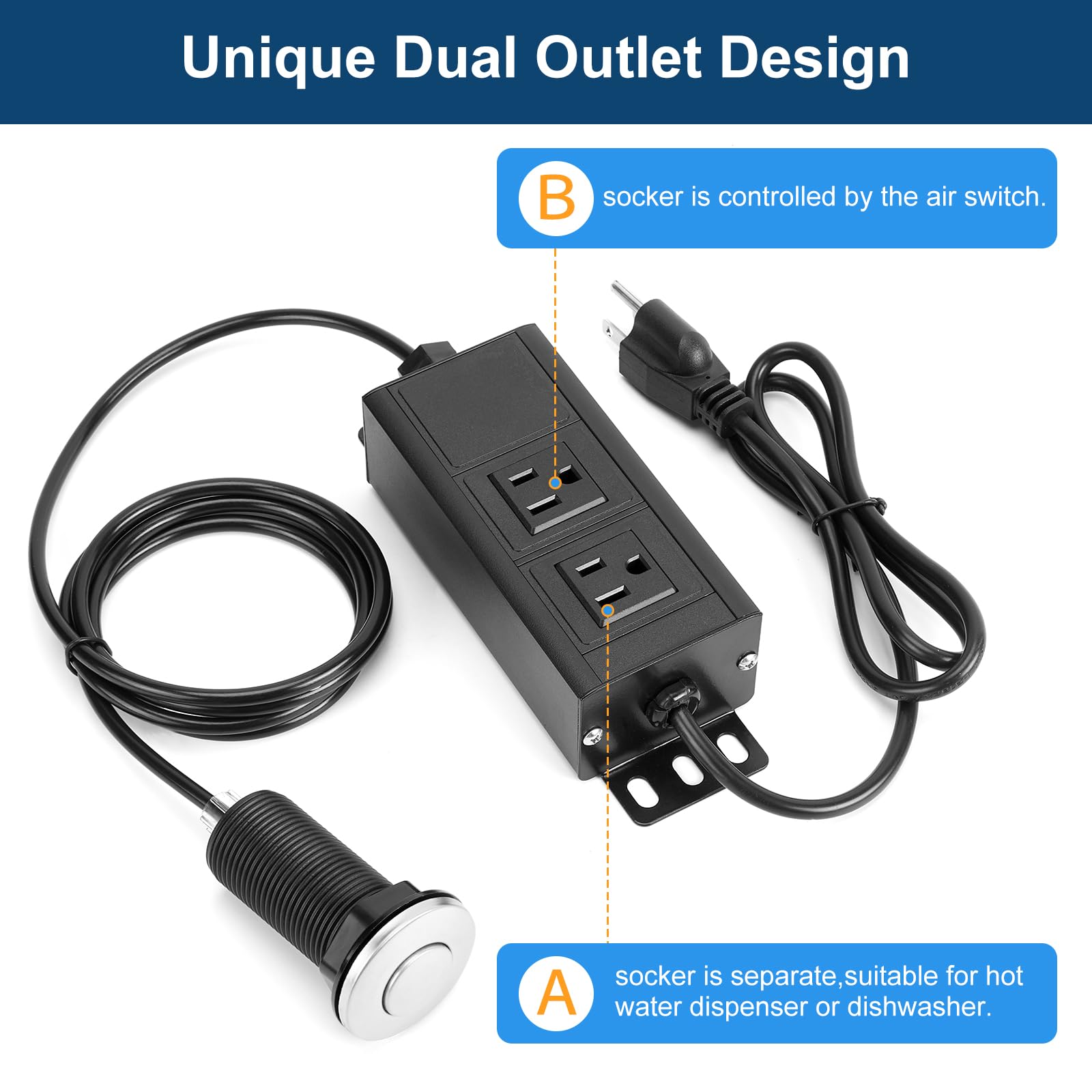 Dual Outlet Garbage Disposal Air Switch Kit, UL Listed Sink Top Air Switch for Food Waste Disposal, 3.58” Extra Long Air Button, Brushed Stainless Steel
