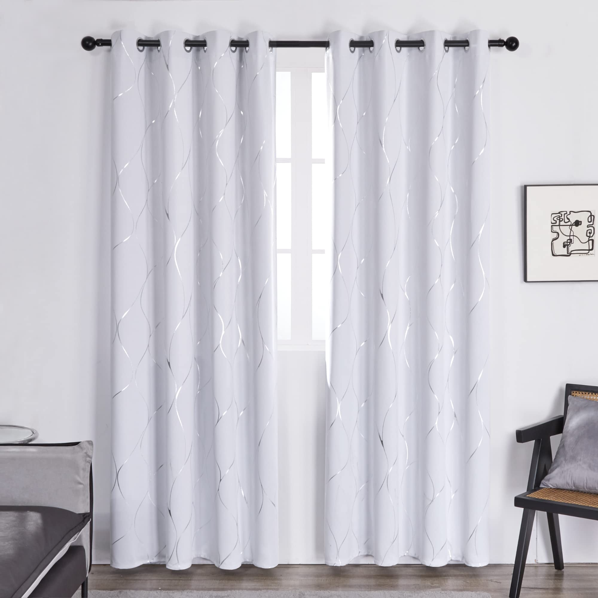 Deconovo Home Decoration Thermal Insulated Wave Line Foil Printed Room Darkening Eyelet Curtains for Girls Bedroom Silver Grey W55 x L69 One Pair
