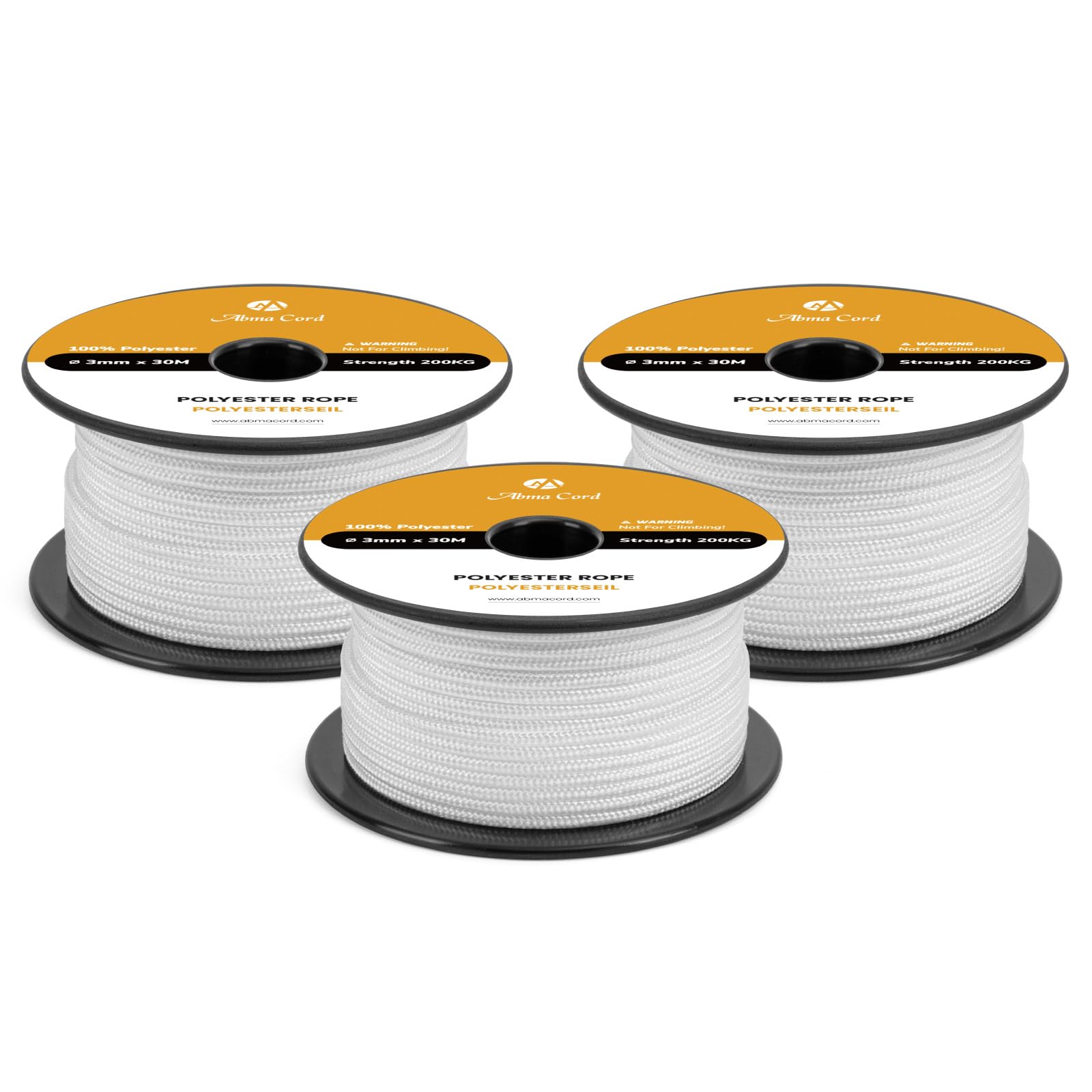 Abma Cord Polyester Cord 3mm x 30m Braid Polyester Rope, White - Heavy Duty & Low Stretch - High UV & Abrasion Resistance